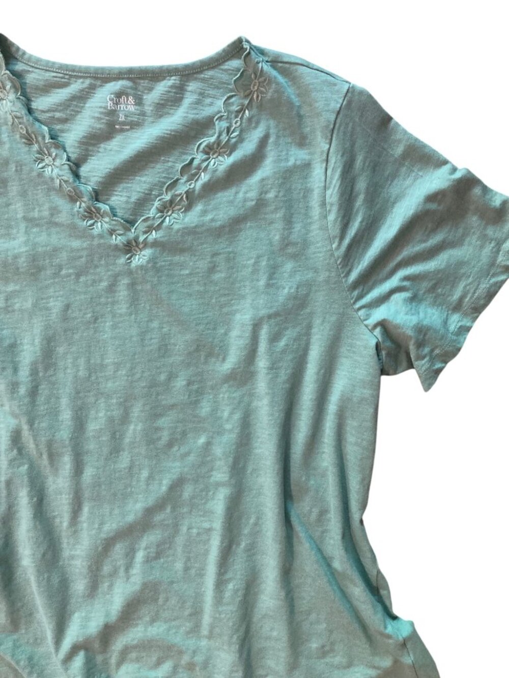 Women's CROFT & BARROW Embroidered Scallop Edge V-Neck T-Shirt AQUA GREEN Sz 2X